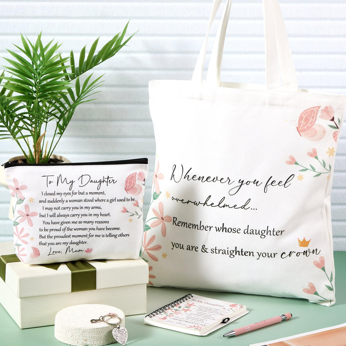 Gaillty 5 Pcs Gifts for Women, Inspirational to My Daughter Mothers Day Gift with Tote Bag, Makeup Bag, Notebook, Ballpoint Pen & Keychain Congratulations Graduation Wedding Gift from Mom Dad