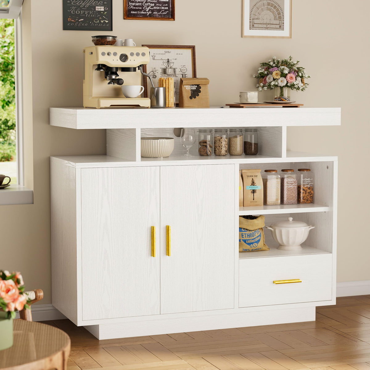 IRONCK Buffet Cabinet, Sideboard Cabinet with Power Outlet and LED Light, Modern Storage Cabinet with Drawer, Coffee Bar Cabinet with Doors and Shelves for Kitchen, White