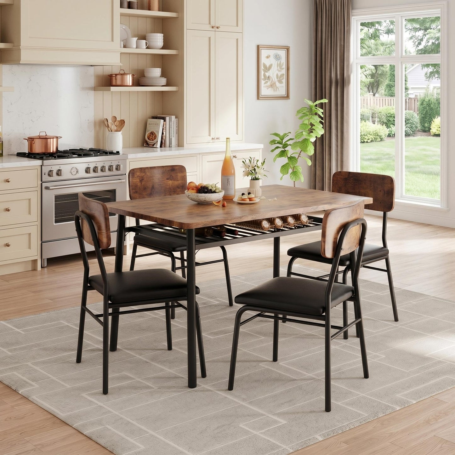 IDEALHOUSE Dining Table Set for 4 with Storage Rack, 5-Piece Kitchen Table and Upholstered Chairs of 4, Wood Tabletop & Heavy-Duty Metel Frame, Dining Room Set for Small Space, Apartment, Brown