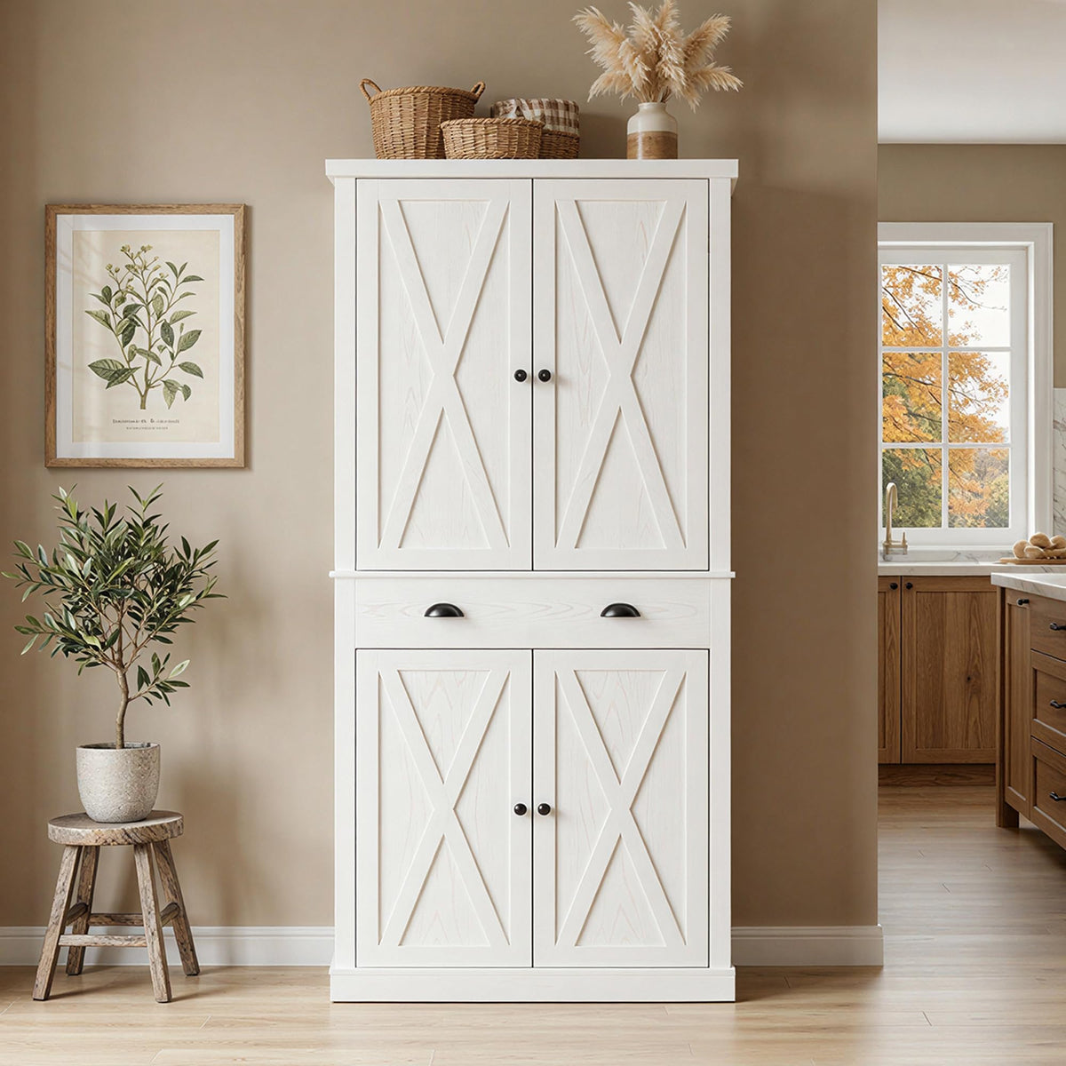 IRONCK 72.6" Tall Farmhouse Kitchen Pantry with Drawer and Adjustable Shelves, Freestanding Storage Cabinet with X-Design Doors, Large Floor Cupboard for Kitchen, Dining Room, White