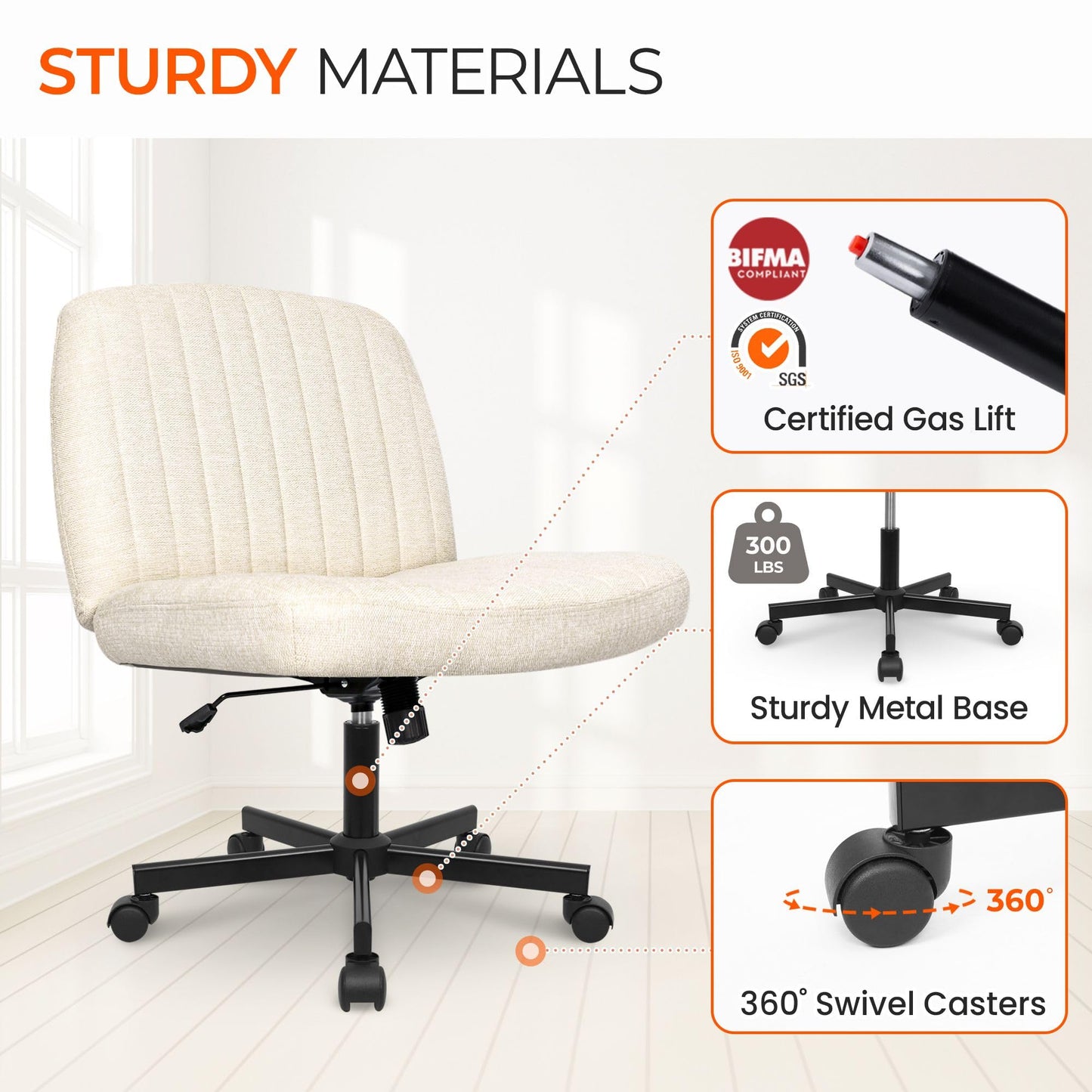 Orange Factory Criss Cross Chair Wheels Wide Cross Legged Office Desk Vanity Chair Comfy Fabric Armless Adjustable Swivel for Home Computer Task (Beige Wheel, Fabric)