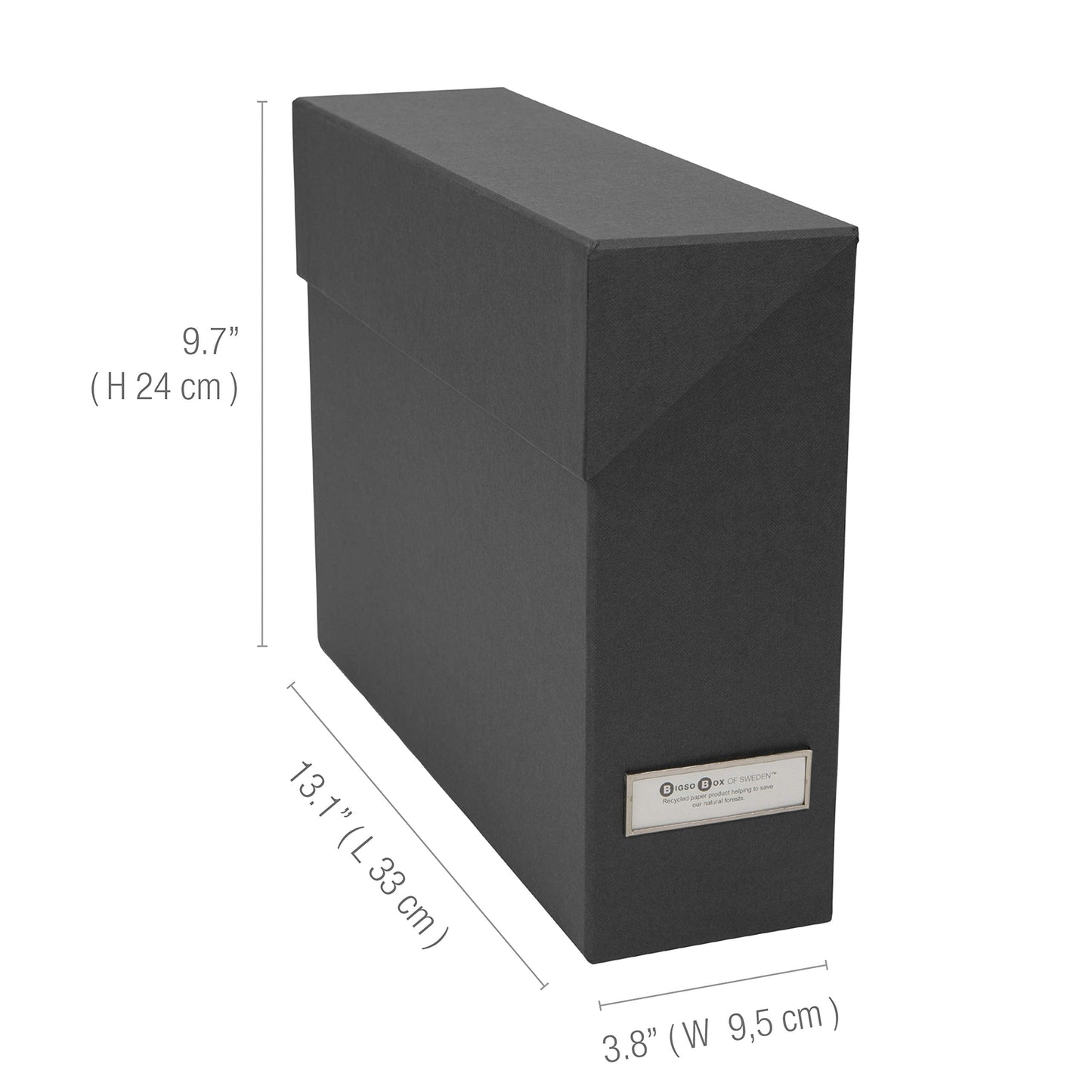 Bigso Lovisa Fiberboard Label Frame 12 File Storage Box - Document Organizer for Important Paperwork - Durable Hanging File Box w/Flip Top Lid & Metal Label Window - 3.7in x 13in x 9.4in - Dark Grey