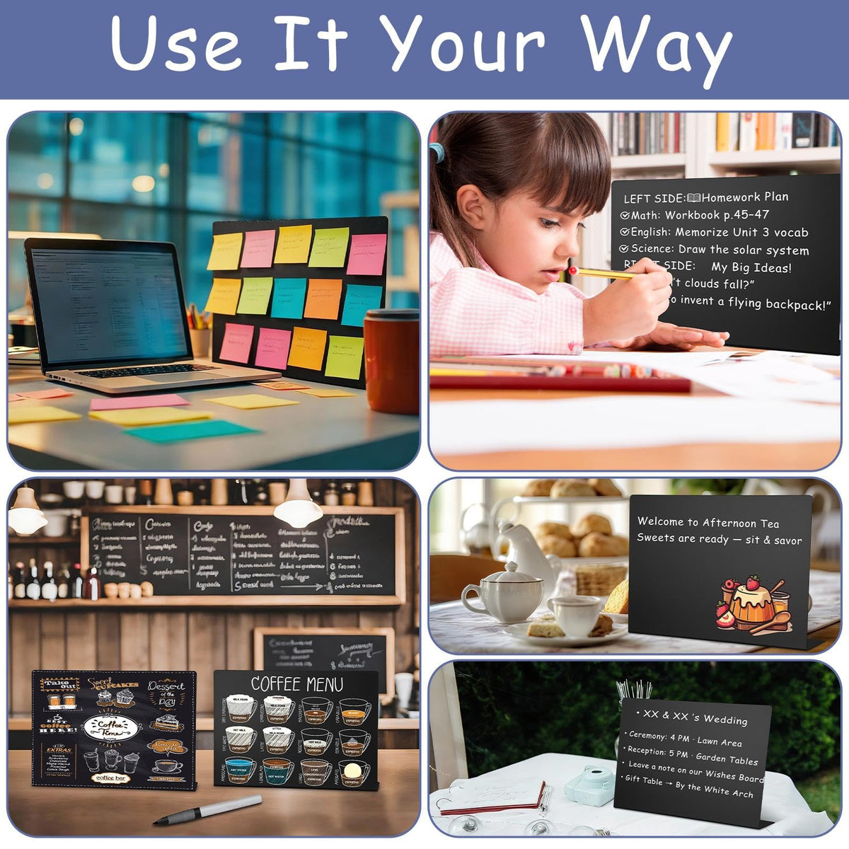 Geyoga 2 Pack Magnetic Bulletin Board with Stand, 16 x 12 Inch Black Magnet Display Board for Memo, Menu, Notes, Photos, for Kitchen Countertop, Office Desk, School