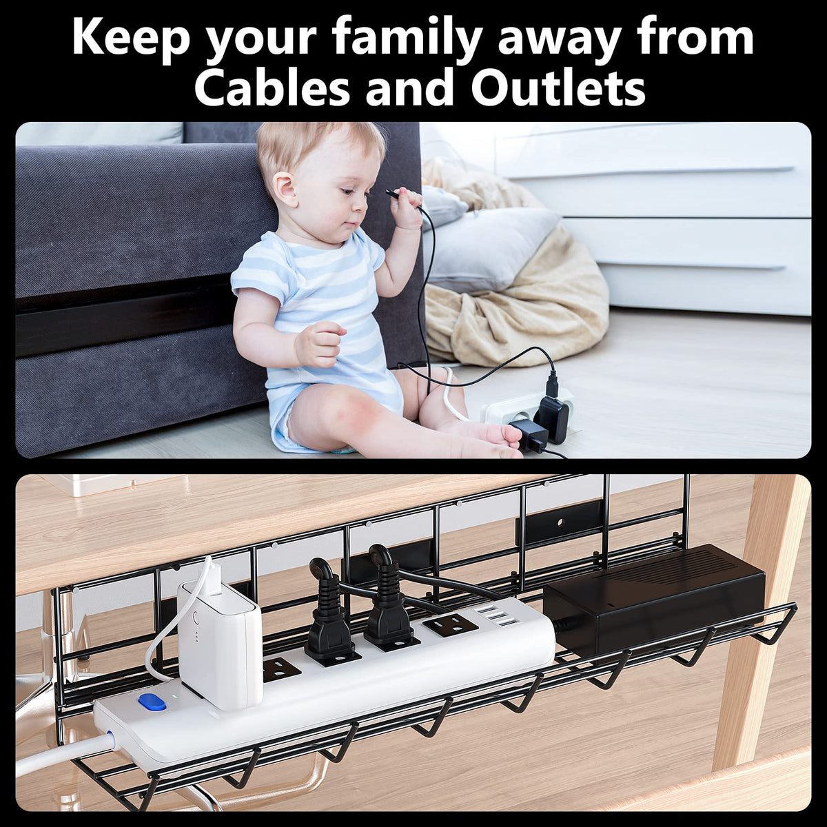 2 Pack DELAMU Under Desk Cable Management Tray, Metal Cord Cable Organizer for Desk, Easy Install Pre-drilled Wire Management Wire Organizer for Office & Home