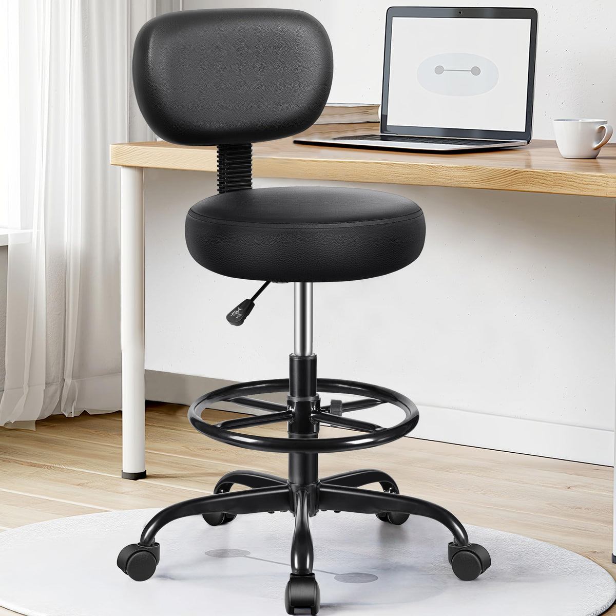 Brick Attic Drafting Chair with Backrest – Adjustable Foot Rest Rolling Stool with Wheels, PU Leather Swivel Stool for Office Spa Studio Lab Counter Salon Home Work Bar Kitchen Shop(Black)