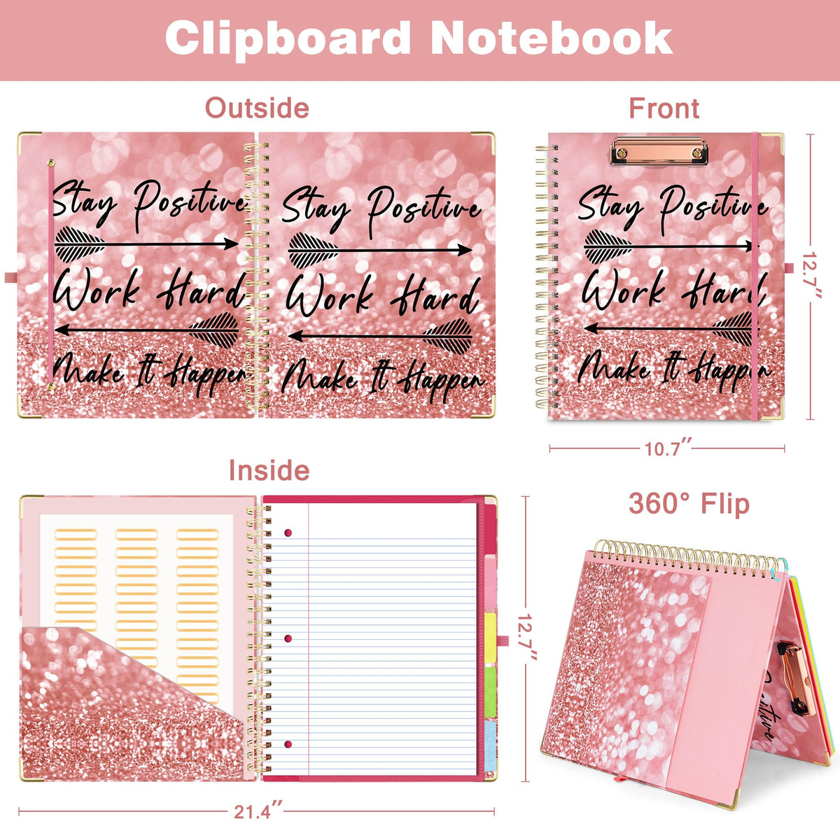 EYROZILL Spiral Notebook Clipboard with Removable Dividers Tabs, 5 Subject Notebook College Ruled, 8.5"x11" Hardcover Lined Journals with 12 Storage Pockets School Office Work Supplies