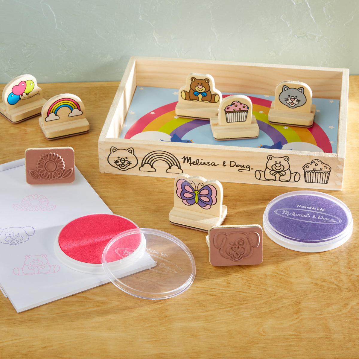 Melissa & Doug My First Wooden Stamp Set Favorites (8 Stamps with Handles, 2 Washable Ink Pads) Wooden Kids Stamps with Handles Set, for Kids Ages 3+