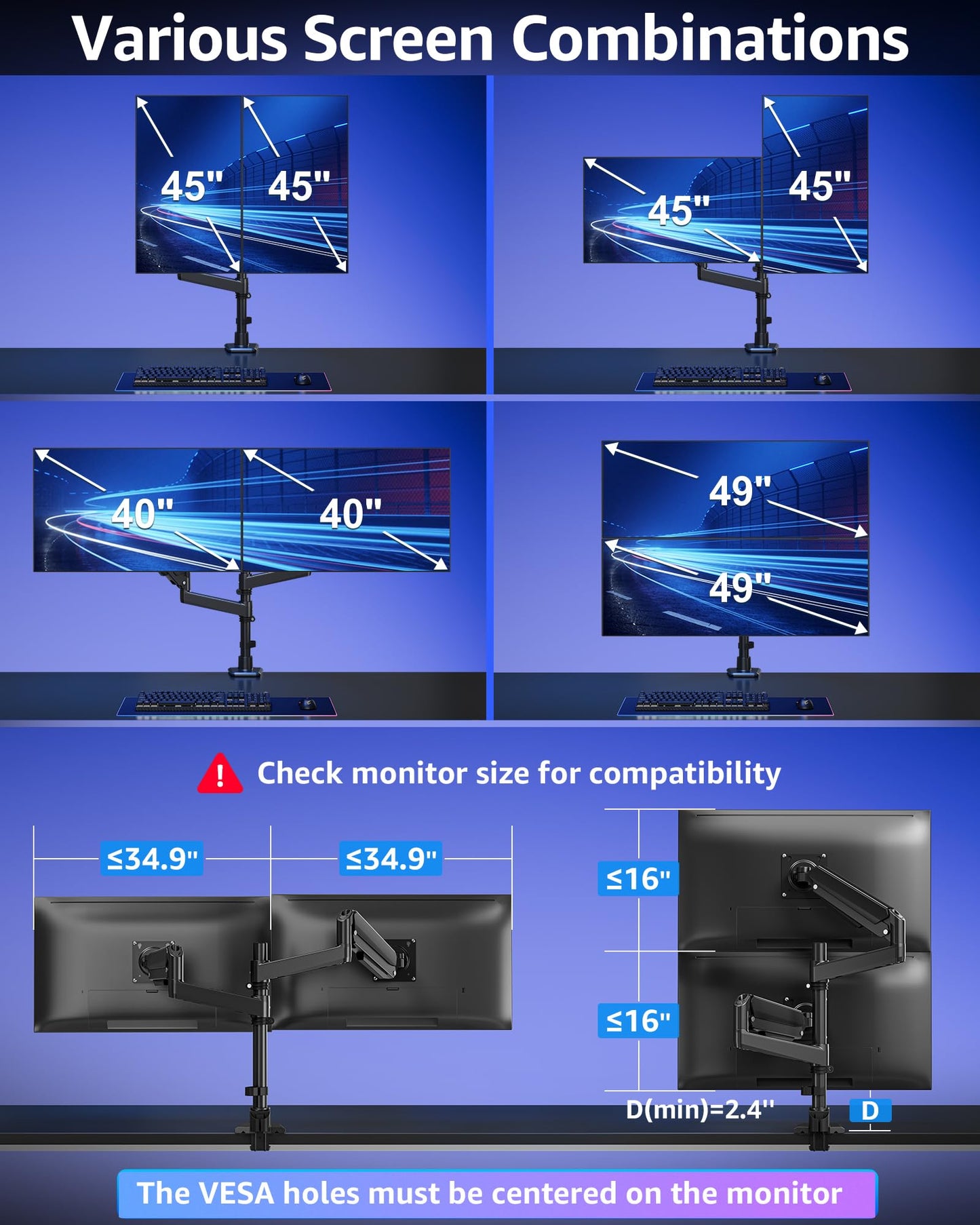 MOUNTUP Dual Monitor Stand Fits 49 45 42 40 39 34 32 Inch Screens, Heavy Duty Dual Monitor Arm Holds 7.7-44 lbs, Vertical Stacked Monitors Mount, Full Motion, Height Adjustable, VESA Mount
