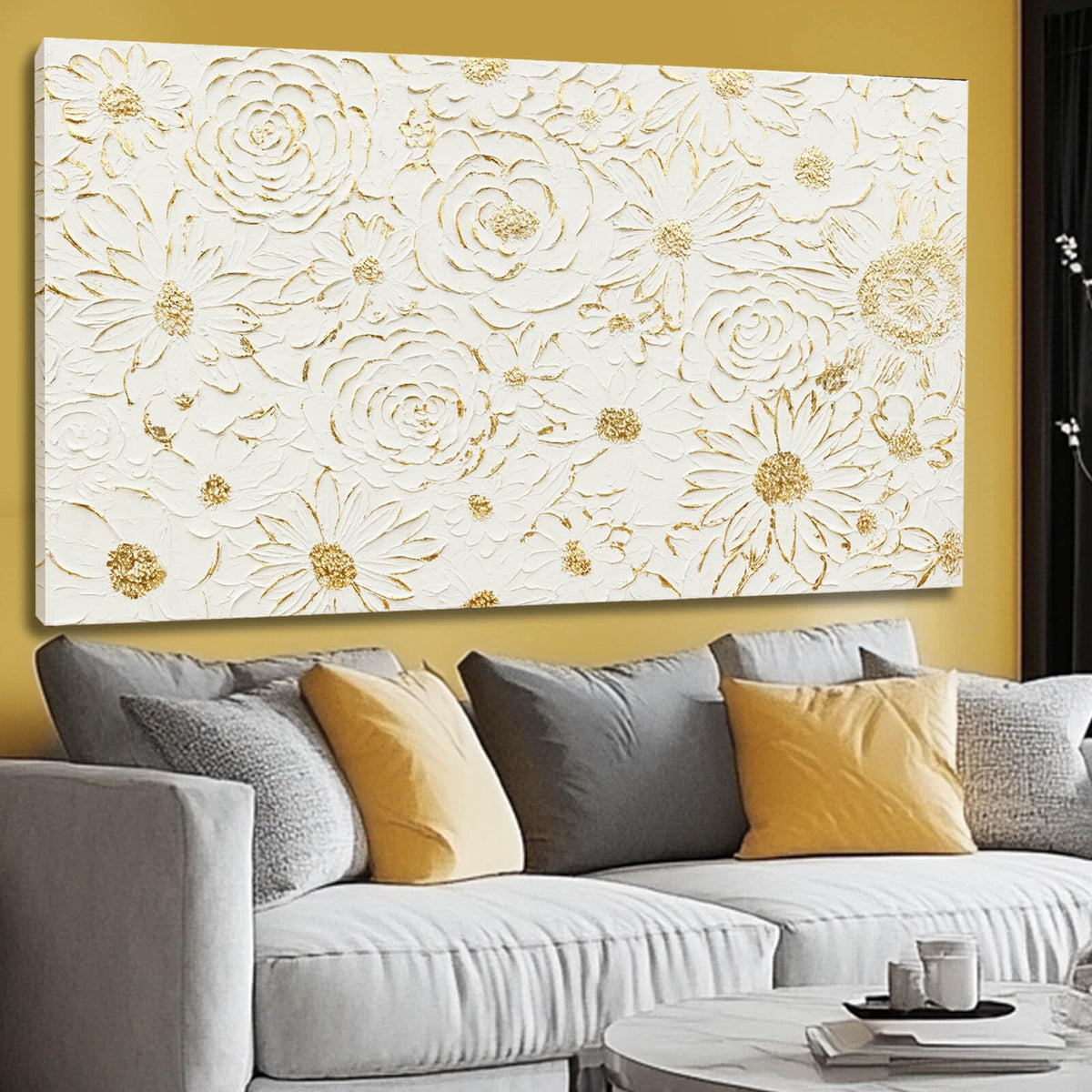 YJYart Large White Canvas Wall Art, Gold Flowers Wall Art for Wall Decor,Office Arts,Living Room or Bedroom Artwork Picture, Hallway Decoration 24"x48"
