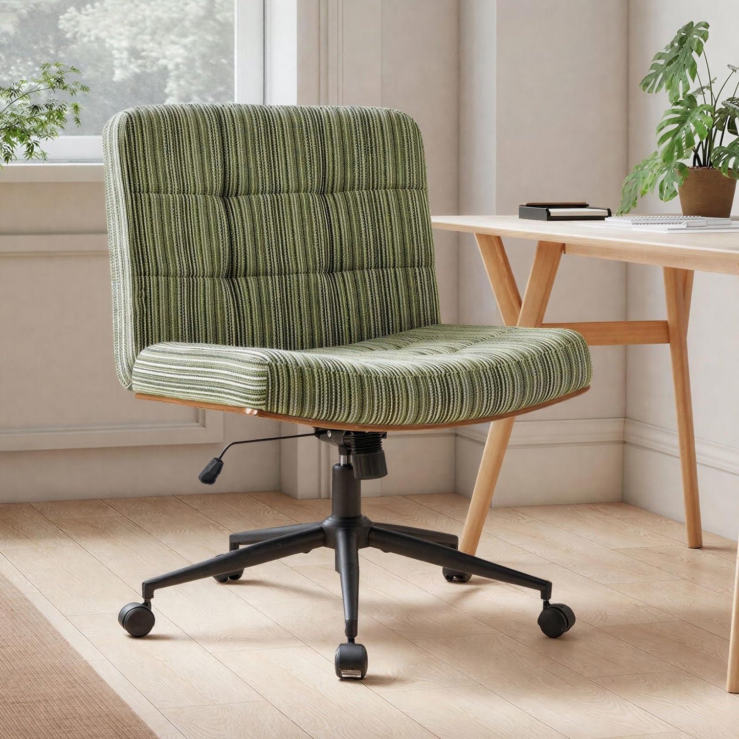 Furnimart Heavy-Duty Curved FSC Wood Desk Chair 360° Swivel,Premium Chenille Criss Cross Chair with Wheels Wide Seat, Comfy Armless Cross Legged Sitting for Bedroom, Office, Vanity(Green)