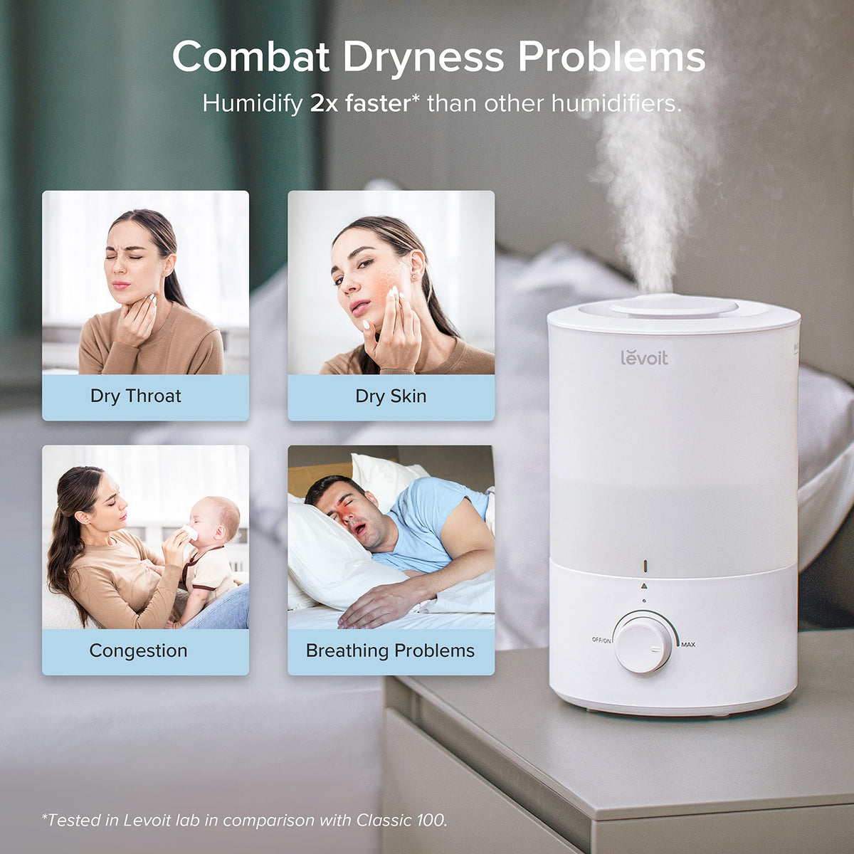 LEVOIT - Humidifiers for Bedroom - Quiet (3L Water Tank) - Cool Mist/Top Fill/Essential Oil Diffuser/25Watt - Home/Large Room - 360ยฐ Nozzle - Rapid Ultrasonic Humidification for Baby Nursery/Plant