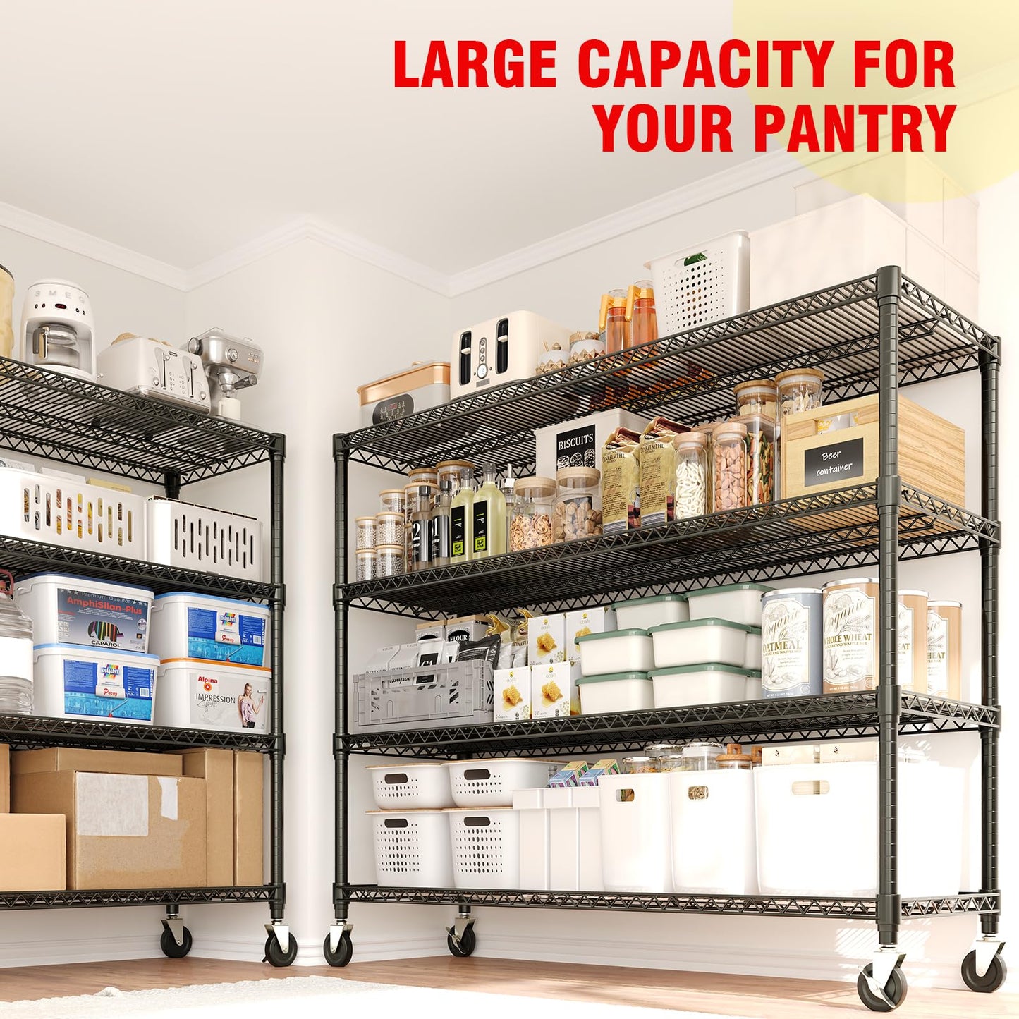 Garvee 4-Tiers Storage Shelves Heavy Duty Garage Shelving Units with Wheels 59" W x 71.8" H, 2640LBS Rolling Wire Shelving Rack, Adjustable Shelf for Garage Kitchen Warehouse Industrial Pantry