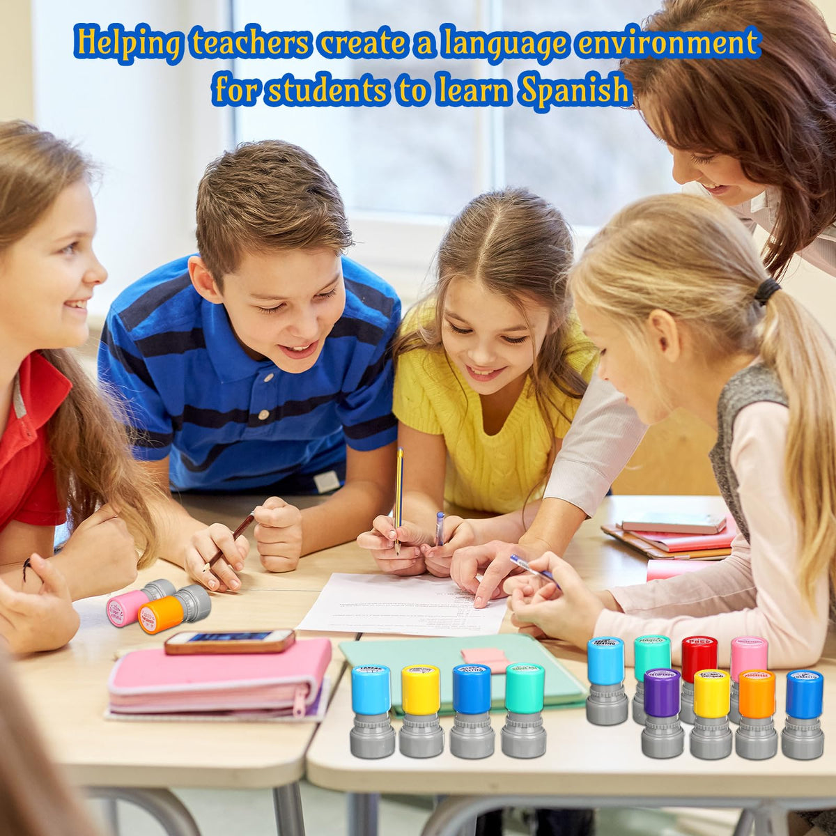 Jetec 16 Pcs Spanish Teacher Self Inking Stamps Teacher Gifts Motivation Grading Stamps for Signature Homework Reward Supplies(Round)