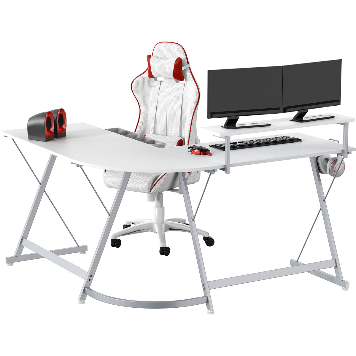 SHW 51 x 51 Inches Vista L-Shaped Desk with Monitor Stand and Drawer, White