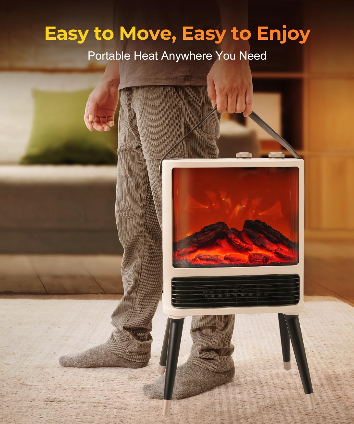 Fireplace Space Heater for Indoor Use, 1500W Freestanding Electric Heater with Realistic 3D LED Flame, 3 Modes, Overheating & Tip-Over Protection, Small Portable Heater for Bedroom Room Office, White