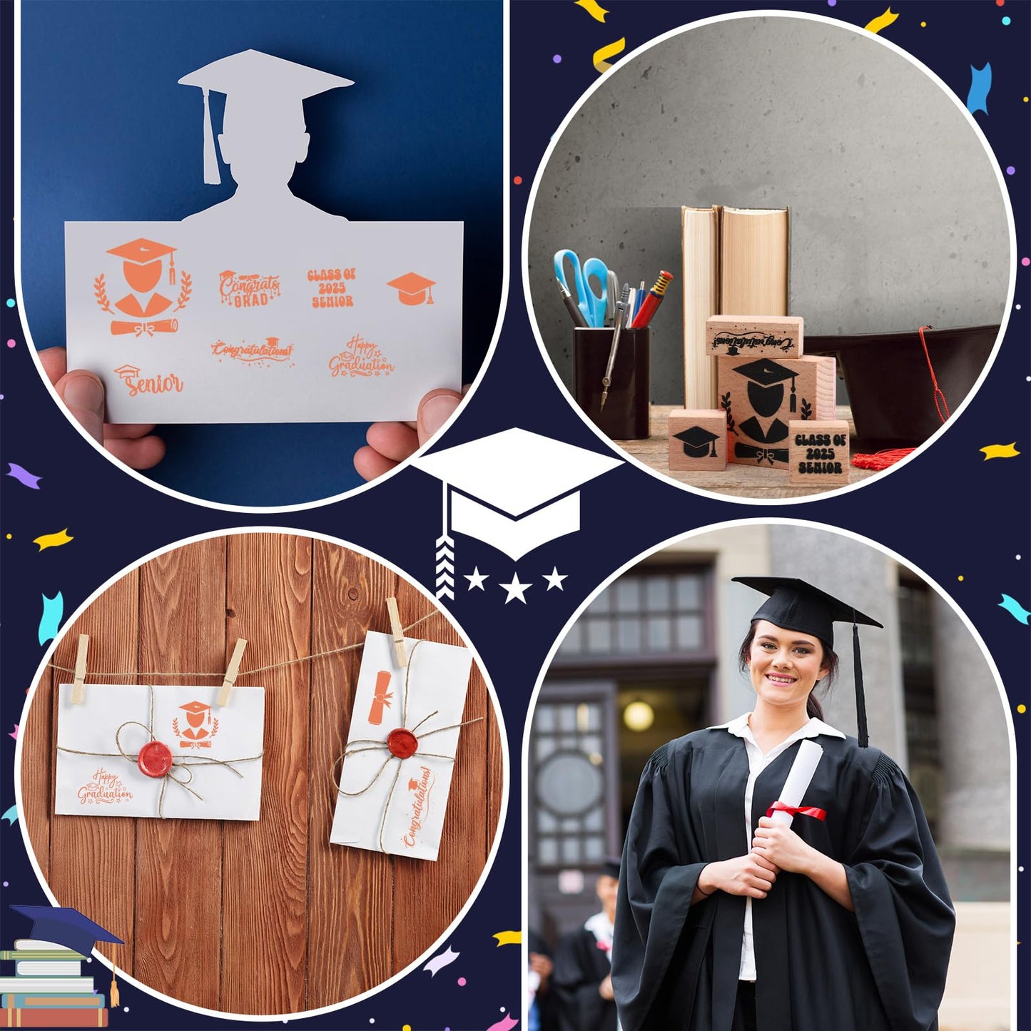 Supervitae 8 Pcs Graduation Rubber Stamps Set Wooden Rubber Stamps Graduation Season Vintage Wooden Rubber Art Stamps for Crafting and DIY Scrapbooking Card Making Hand Book