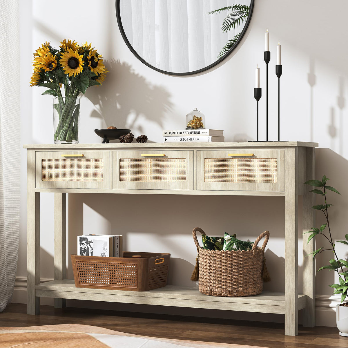 ELYKEN Rattan 51.2" Console Table with 3 Drawer, Entryway Table with Drawer & Shelf, Boho Sofa Table Behind Couch Foyer for Living Room, Hallway, Natural Wood