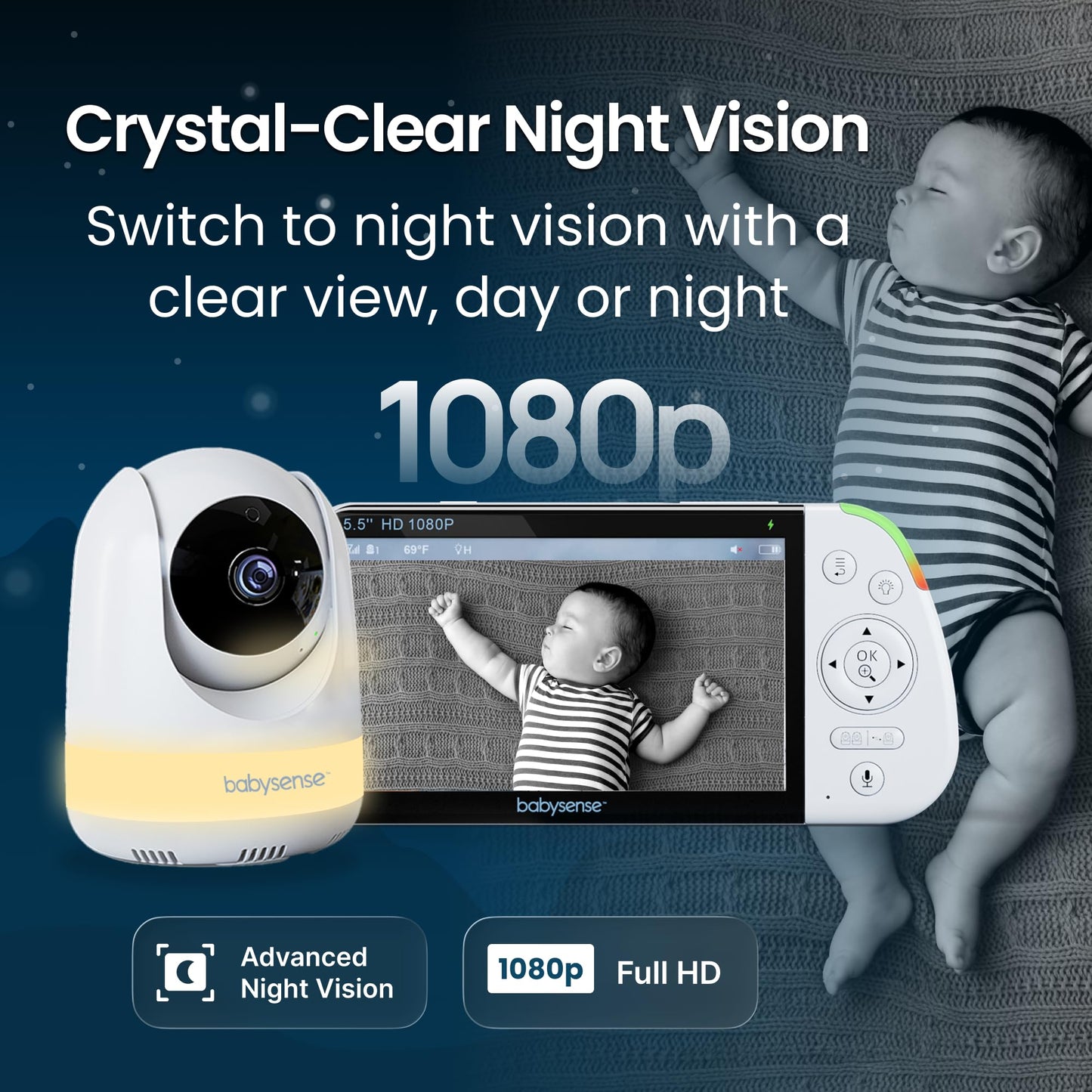 Babysense PRO Full HD 5.5" Split Screen Baby Monitor with 2 Cameras, 6-Color Night Light, White Noise, Sound & Light Machine, 20-Hour Battery, Hack-Proof Non-WiFi Secure Connection