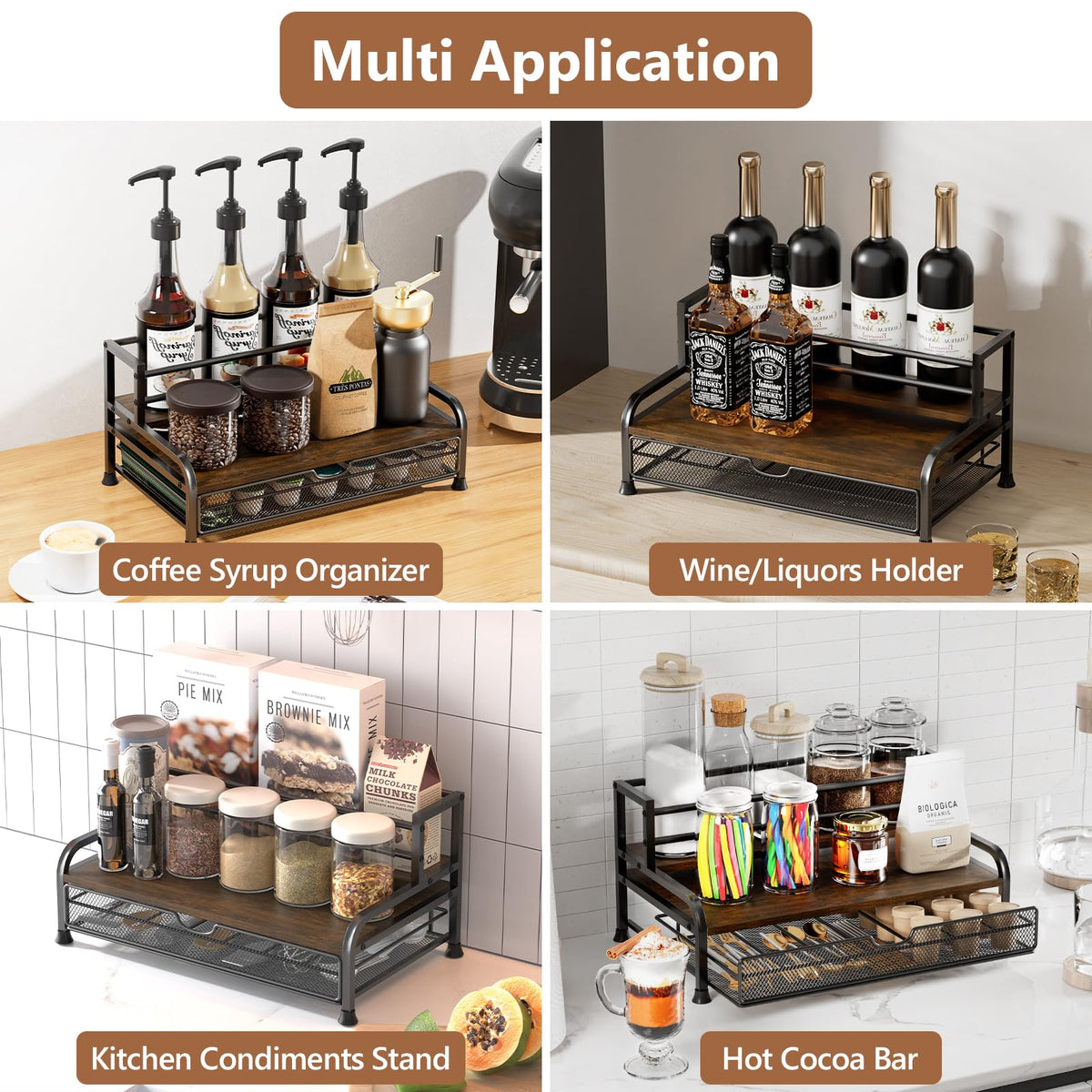 PONEYA Coffee Syrup Rack Organizer, 3-Tier 8 Bottles Syrup Rack with 35 K Cup Storage Basket for Coffee Bar, Countertop Bottle Holder Stand for Wine, Dressing for Kitchen Cafe Station