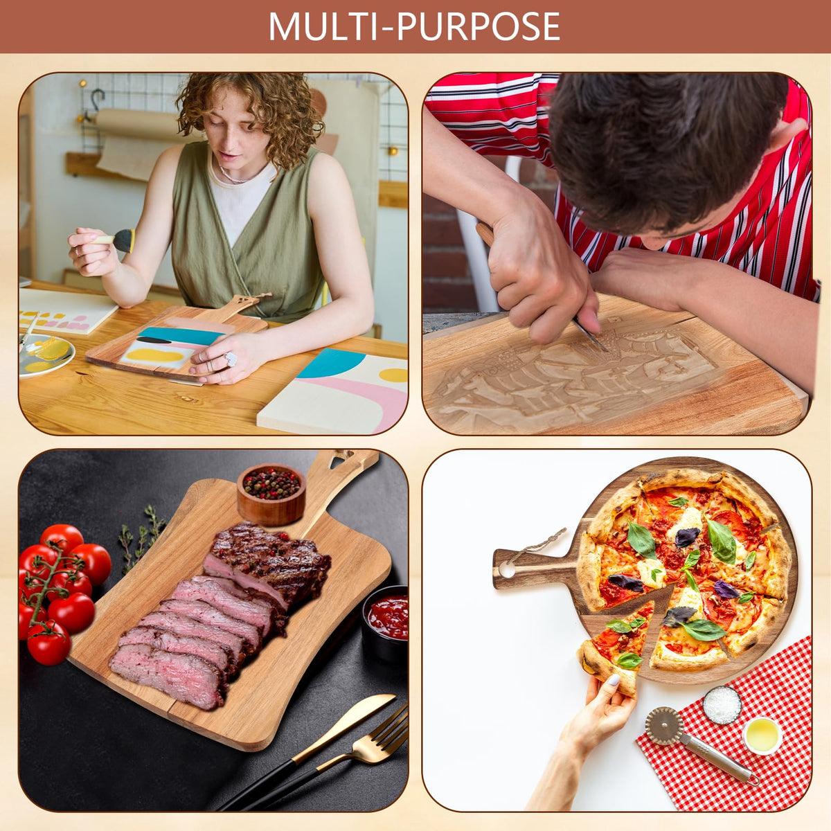 Hsei 2 Pcs Acacia Wood Cutting Board with Handle Wooden Charcuterie Board Large Paddle Carving Chopping Set Butter Serving Tray for Cheese Meat Fruit Pizza Bread Baking(Practical Handle)