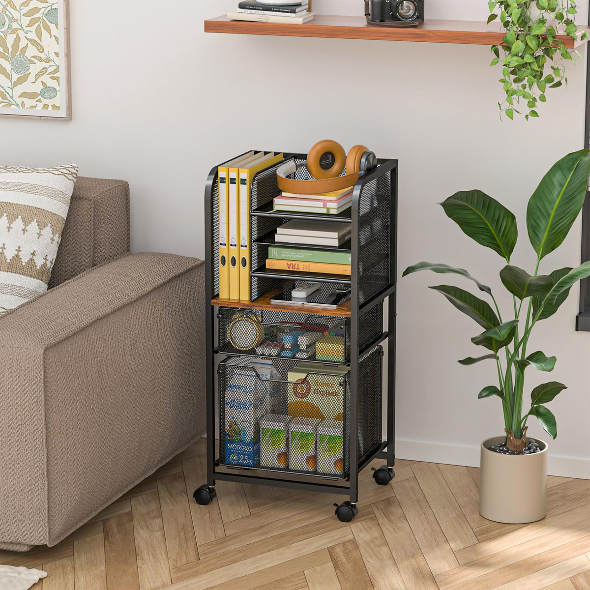Feyejade 6-Tier Rolling File Cart with 2 Drawers, File Cabinet Organizer for Hanging File Folders, Letter-Size File Storage with Wheels, Multi-Layer Mobile Filing Cabinet for Office and Home