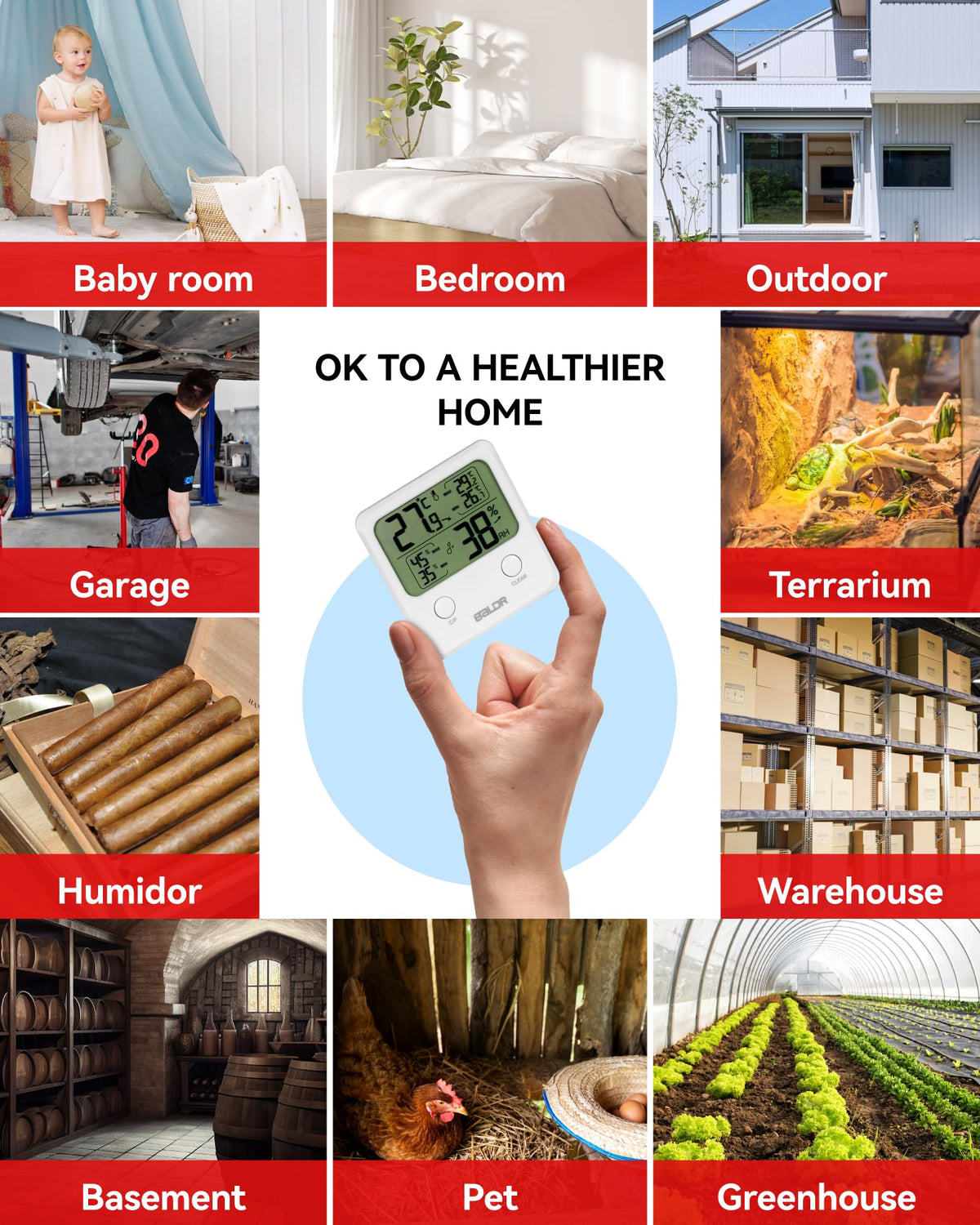 BALDR Digital Humidity Sensor & Thermometer - Indoor Room Monitor, Wireless Temperature & Humidity Gauge