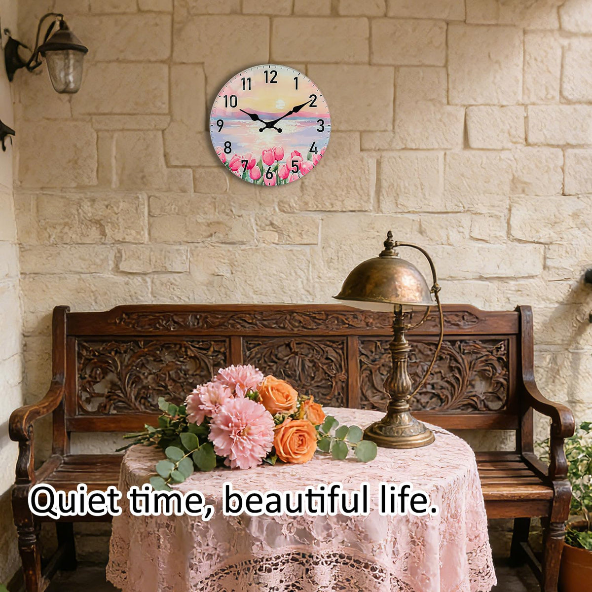 TGHHPC 12-Inch Spring Tulip Sunset Wall Clock, Silent Non-Ticking Battery Clock with Premium Glass Silent Movement Large Number Clocks for Romantic Bedroom Relaxing Living Room Office Kitchen Hotel