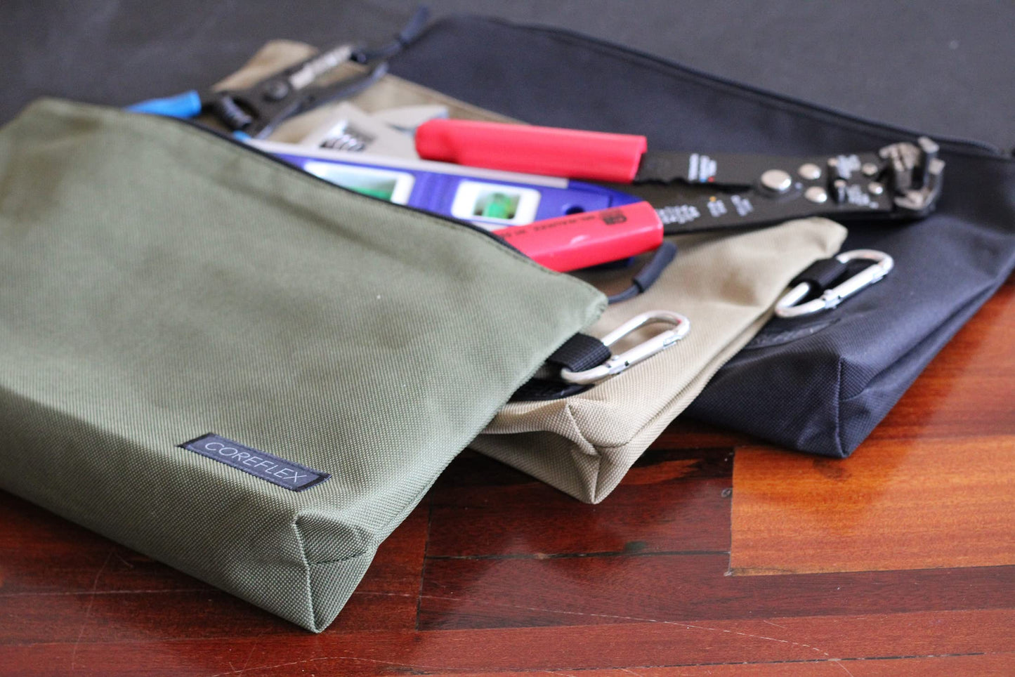 COREFLEX Premium Tool Pouch Zipper Bag, Small Tool Bag, Multipurpose Storage pouch, Heavy duty Flat Bottom Tool bag with YKK Zipper (3 pack Large 12inch)