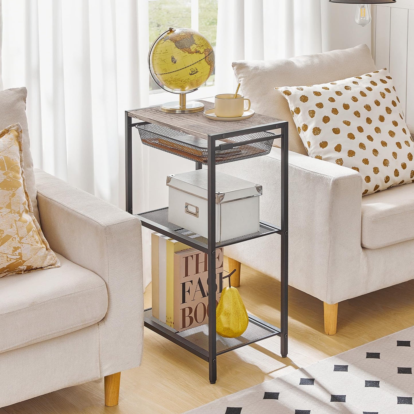 HOOBRO 28.7 Inch Tall Side Table, 3-Tier Industrial Telephone End Table with Adjustable Metal Mesh Basket, Desk Side Table with Storage Shelves, for Living Room, Bedroom, Office, Greige BG06DH01