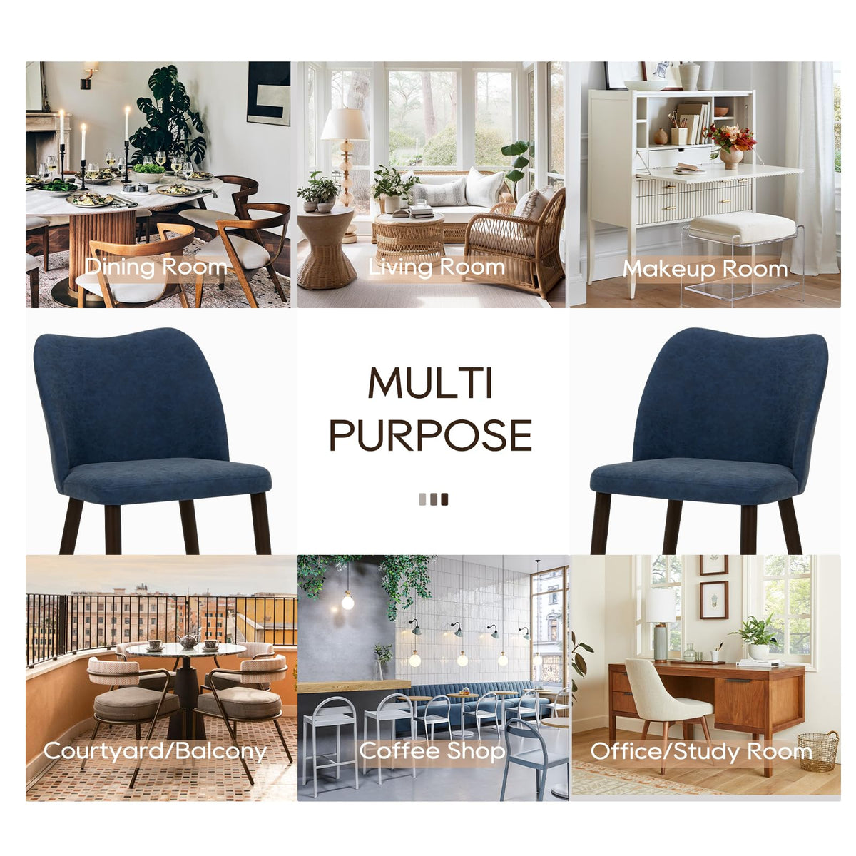 COLAMY Upholstered Dining Chairs Set of 6, Modern PU Leather Dining Room Kitchen Side Chair with Padded Seat and Wood Legs Restaurant/Cafe, Blue