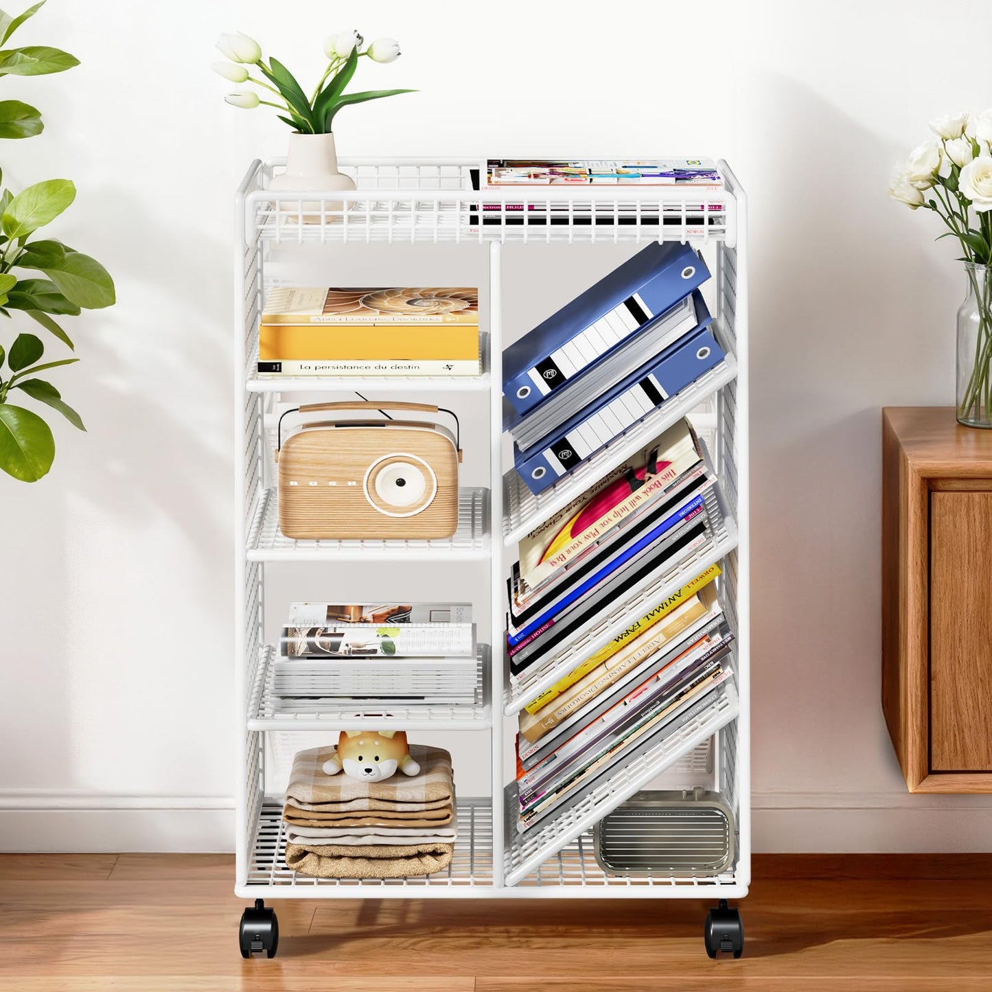LOVEWE Letter Trays & Stacking Supports Multi-Layer Metal Storage Cart – 3/4-Tier Rolling Utility Organizer, Heavy-Duty Wheels for Easy Mobility,Office & Home Desk Paper File Rack for Books(White)
