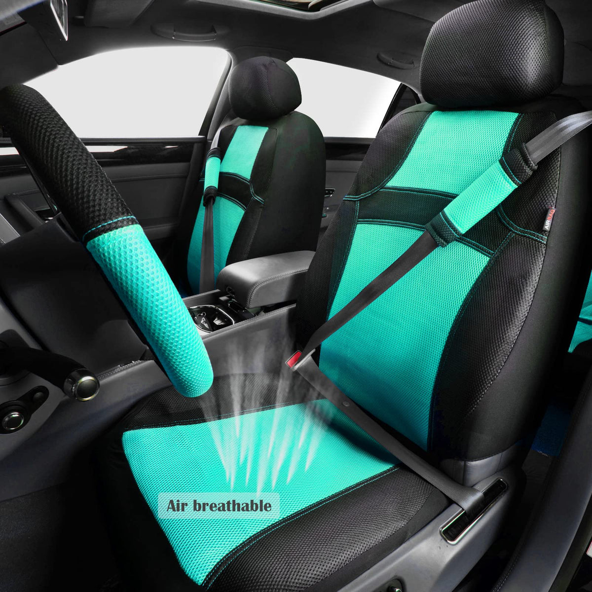 CAR PASS 3D Air Mesh-100% Breathable Seat Covers Full Sets, Steering Wheel Cover,Belt Cover, Airbag Compatible for Automotive SUV Truck Black Mint