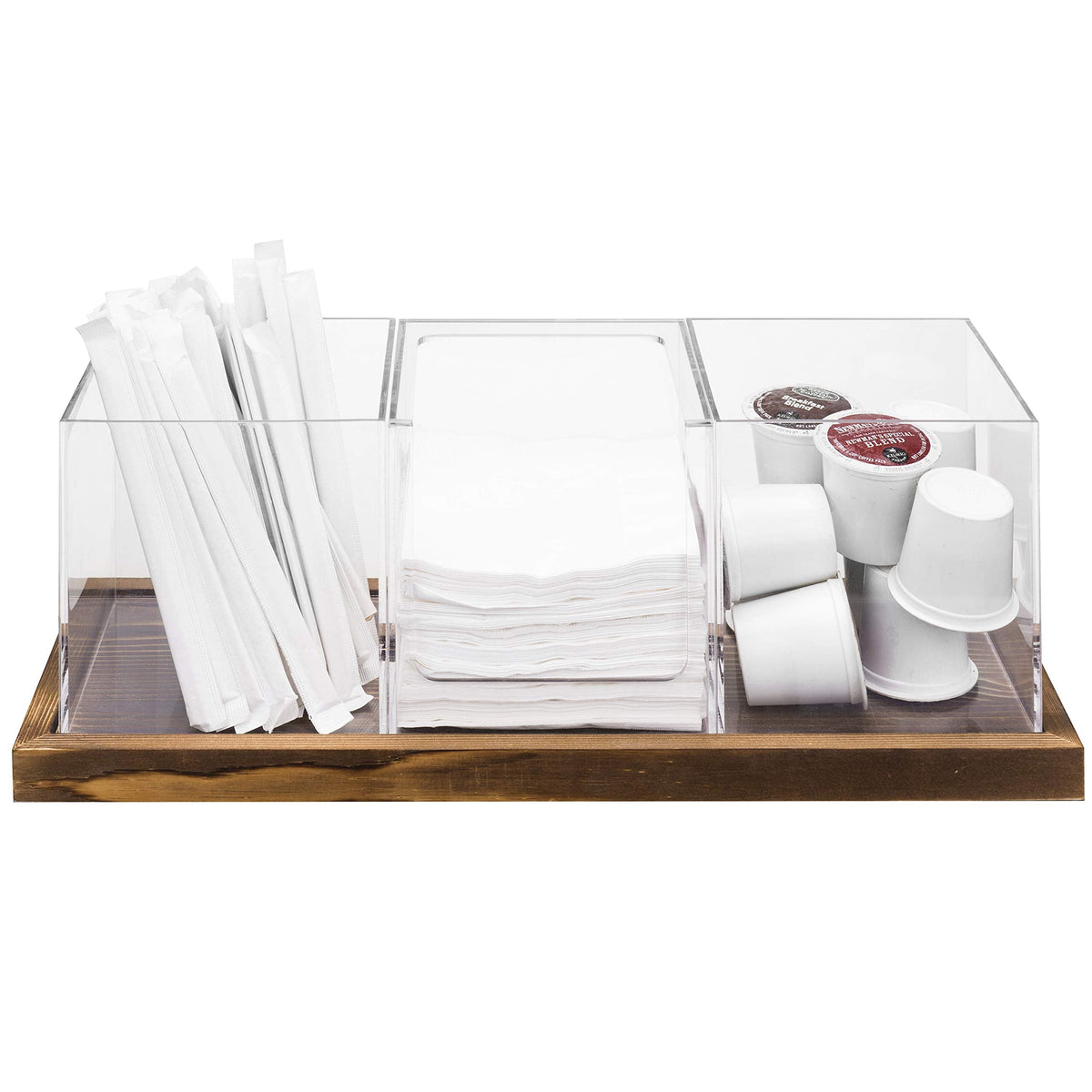 MyGift Modern Modular Coffee and Tea Station Organizer with 3 Removable Premium Clear Acrylic Compartments and Rustic Burnt Solid Wood Decorative Tray, 4 Piece Set