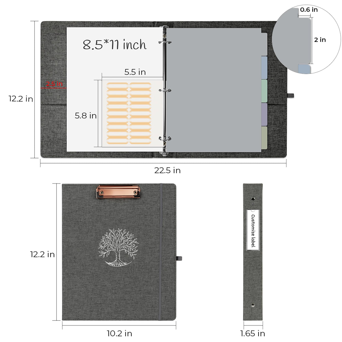 EYROZILL 3 Ring Binder, 1 Inch Linen Binder Organizer for Letter Size (8.5" x 11") with 5 Tab Dividers, File Folder Labels and Low Profile Clipboards, School and Office Supplies- Dark Grey