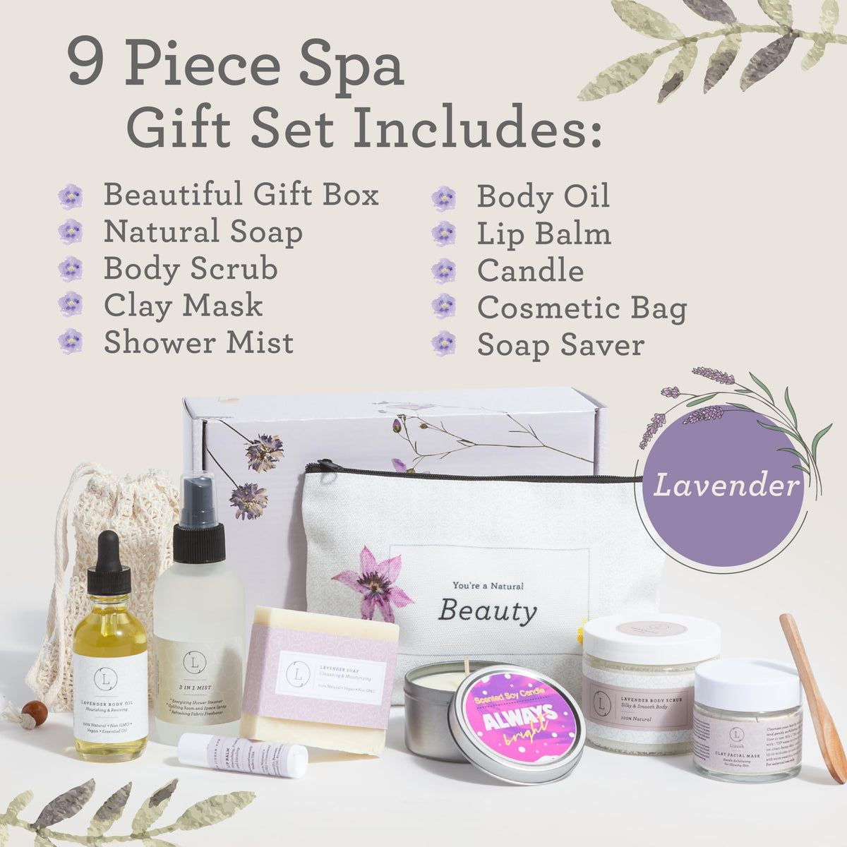 Lizush Luxury Spa Gifts for Women - 9 Piece Lavender Gifts for Her, Gift Baskets, Body Care Set for Mom, Birthday Box For Women, Self Care Spa Kit For Wife - Handmade in the USA