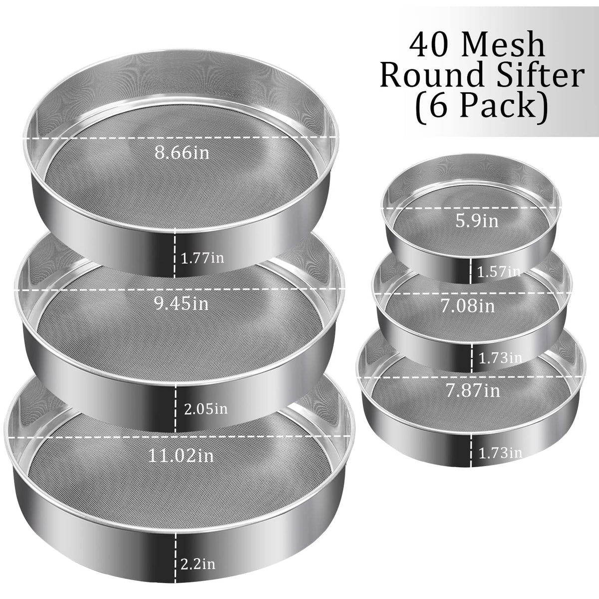 6 Pieces Stainless Steel Flour Sifter, Round Flour Sifter 40 Mesh, Premium Rustproof Flour Sieve Fine Mesh for Baking Cake Bread Pies Pastries Cupcakes(Different sizes)