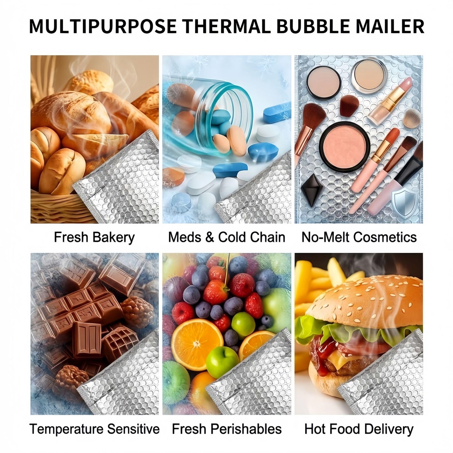 50 Pack 11x14 Inch Thermal Insulated Bubble Mailers for Cold Shipping, Metallic Silver Foil Padded Envelopes, Self-Seal Water-Resistant Cushioned Shipping Bags