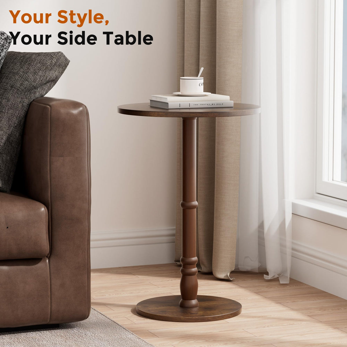Homleke 16" Round Side Tables Set of 2, Solid Wood Pillar with Wood Top & Base, Small Drink Accent Table for Living Room, Bedroom, Sofa & Office, Easy Assembly, Rustic Brown