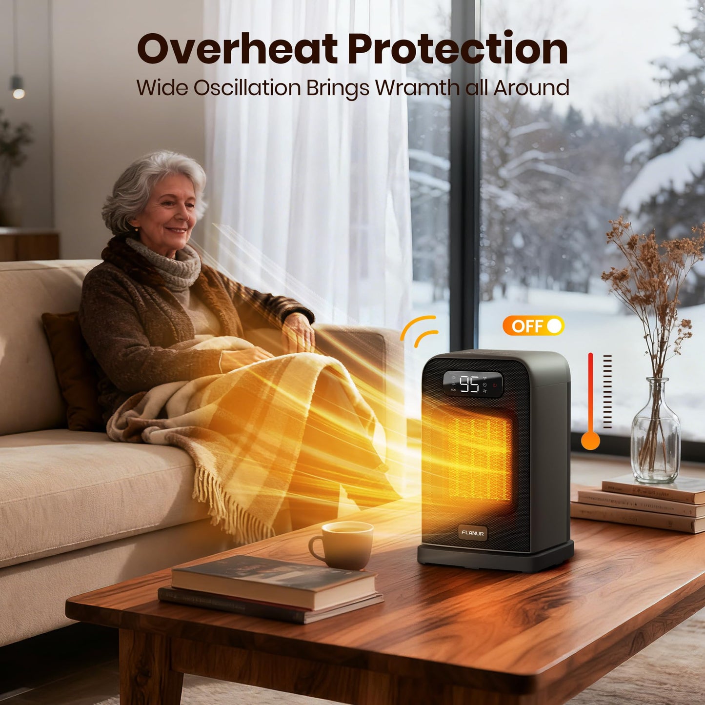 FLANUR Space Heaters for Indoor Use, 1500W Small Desk Heater with Remote, Thermostat, 4 Modes, 12H Timer, LED Display, Safety Protection, 70° Oscillating Heater for Office Bedroom Home (Black, 1Pack)