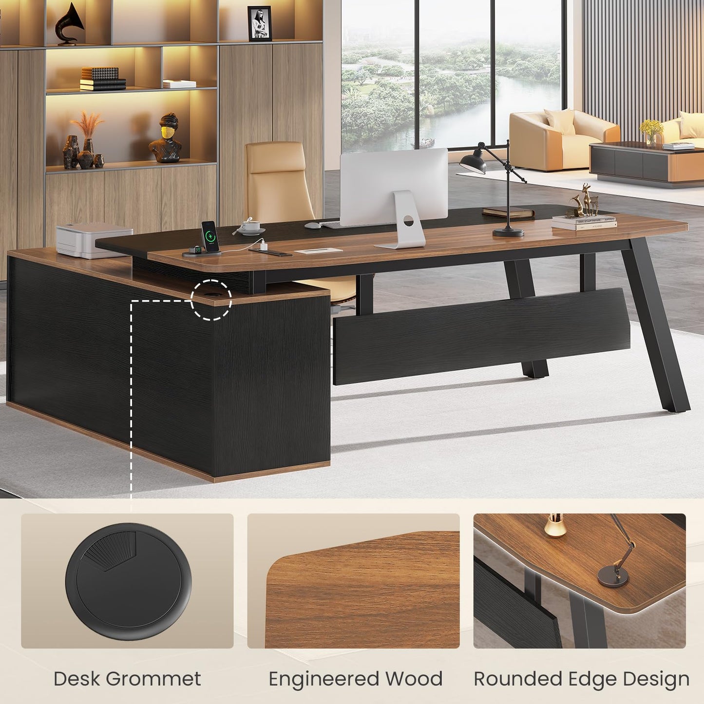 SEDETA 71" Executive Desk with File Cabinet, Large Office Desk with Drawers and Shelves, L Shaped Computer Desk with Power Outlets, Business Furniture Desk Workstation for Home Office, Walnut