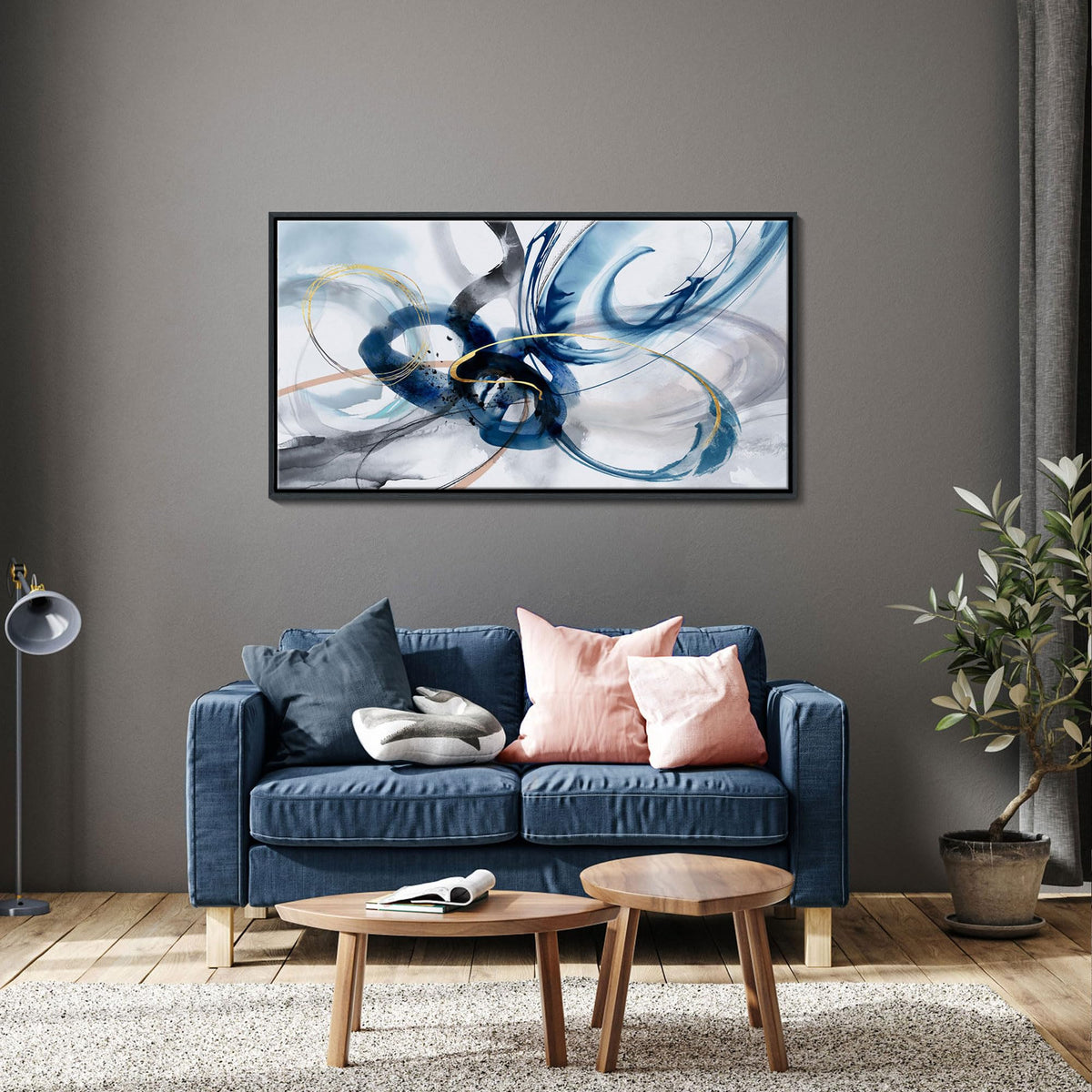 KLAKLA Modern Abstract Canvas Wall Art - Frame Wall Decor Living Room Picture Artwork for Office Bedroom Blue and White Decorative Paintings