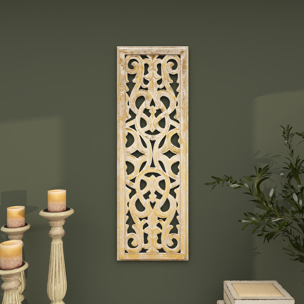 Deco 79 Wooden Floral Handmade Home Wall Decor Intricately Carved Arabesque Wall Sculpture, Wall Art 12" x 1" x 36", Gold