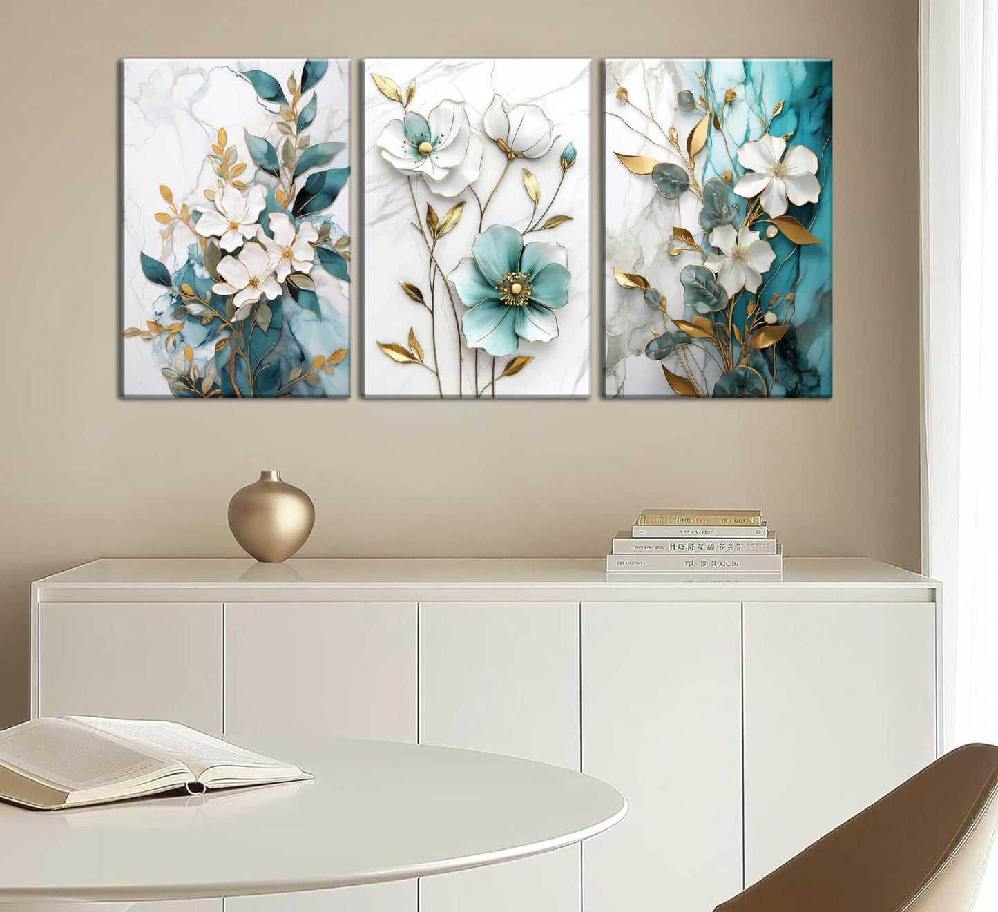 3Pcs White Gold Flower Canvas Wall Art Modern Luxury Blue White Gold Abstract Marble Floral Botanical Painting Picture Wall Decor Poster Print Artwork for Living Room Bedroom Home Decoration
