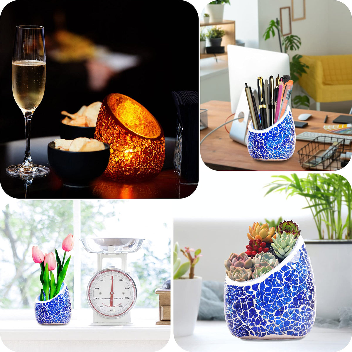 Votive Candle Holder Set, 2 Pc Mosaic Glass Tealight Candle Holder Handmade Romantic Slanted Crystal Centerpiece Candlescape for Valentine's Day