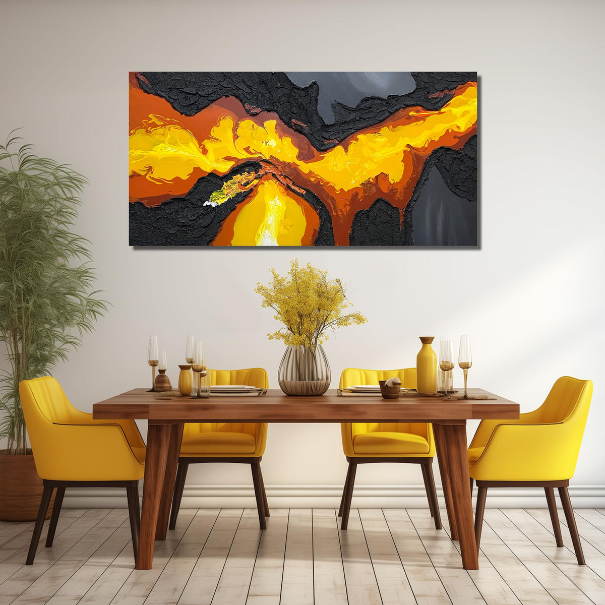 Abstract Lava Flow Canvas Wall Art for Living Room, Black and Gold Yellow Wall-Decor for Bedroom, Modern Textured Volcanic Landscape Paintings for Hallway Office, Size 58x29 Inches Hand Painted