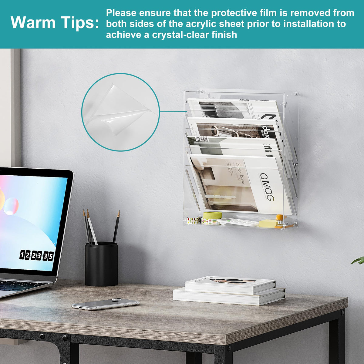 Solinxe Clear Desk File Holder, 5 Tier Acrylic Hanging Wall File Mail Document Organizer, Vertical Paper Organizer, Magazine Newspaper Rack for Office, Home, Classroom