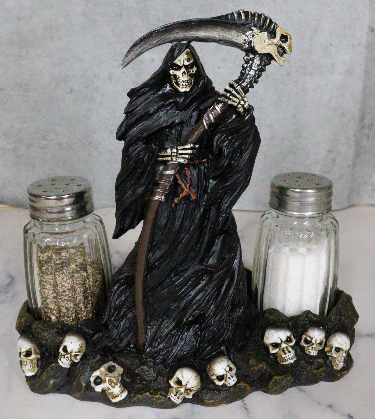 Ebros Gift Day Of The Dead Grim Reaper Standing On Skull Graveyard Salt & Pepper Shakers Holder Figurine Set 6.25"H