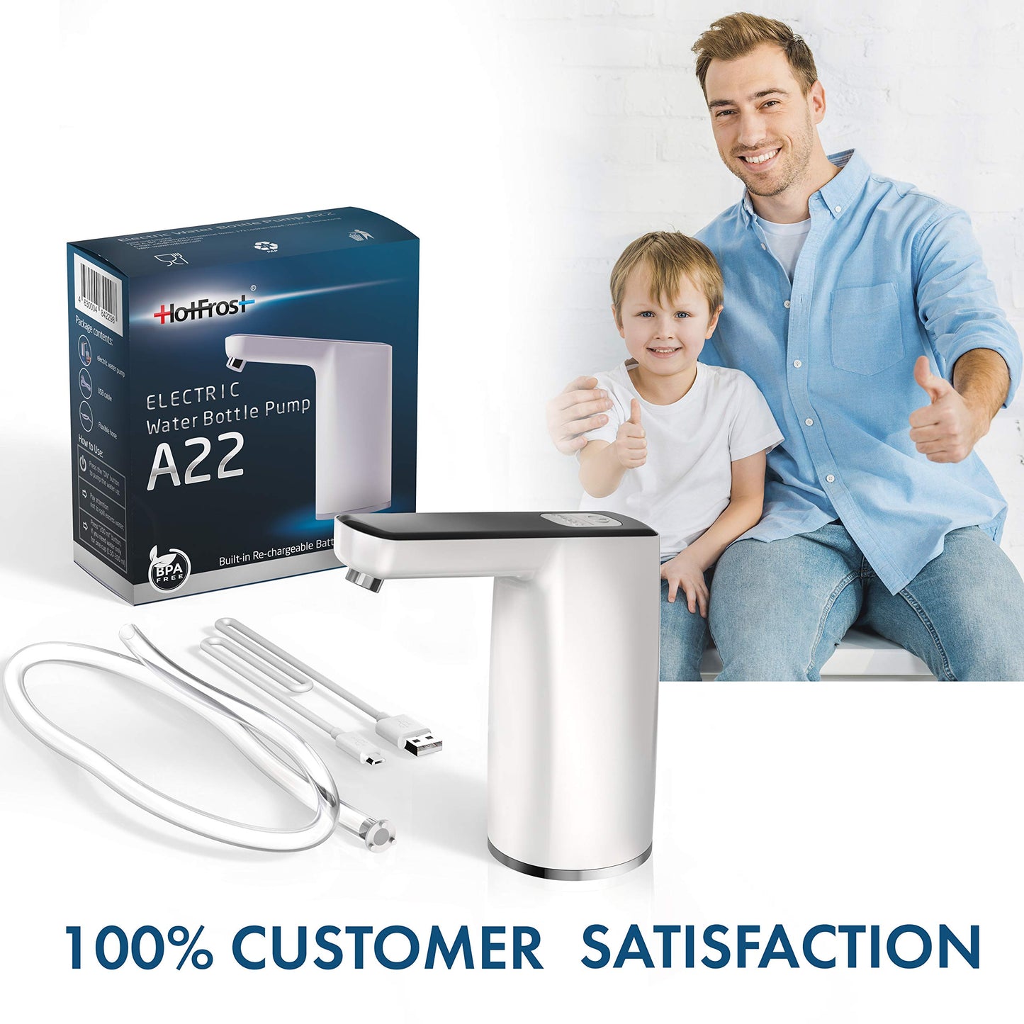 HotFrost Electric Water Pump for 5 Gallon Jug – USB Charging Drinking Dispenser - Low Noise – BPA-Free Food-Grade Materials, Chrome-Plated Spout, 1 Cup Option, Pours 4 to 5 Jugs Per Charge