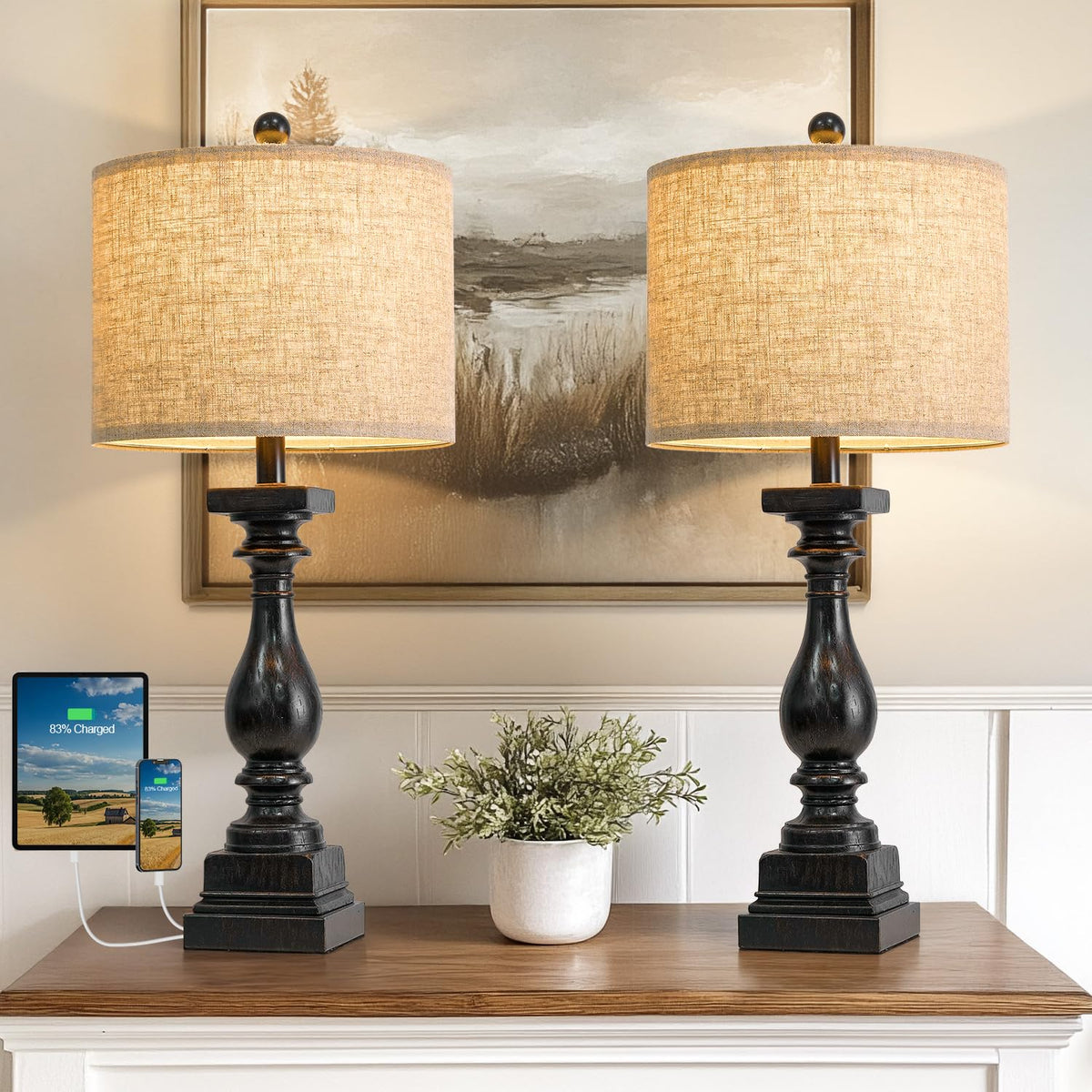 BOBOMOMO 27" Farmhouse Black Table Lamp Set of 2 with USB A+C for Bedroom Living Room Vintage Rustic Traditional Nightstand Bedside Lamps Retro Side Table Lamps (Blubs not Included)