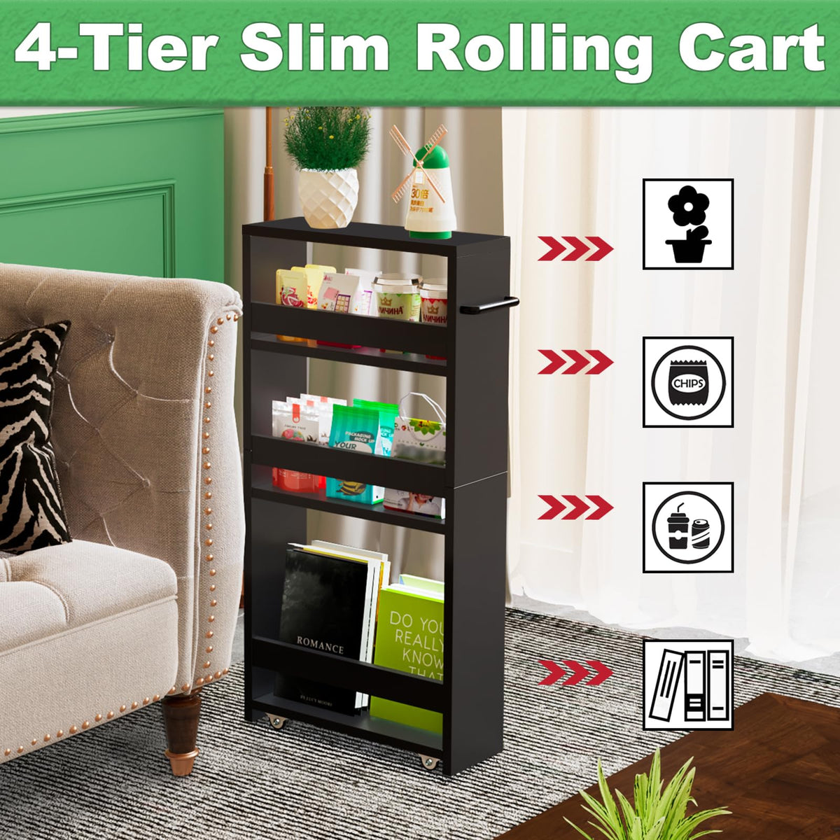 MARTY Slim Rolling Storage Cart 4-Tier Kitchen Cart with Wheels, Laundry Room Storage with Handle Slide Out Utility Cart Shelving Unit Organizer Trolley for Narrow Places Bathroom Small Corner, Black
